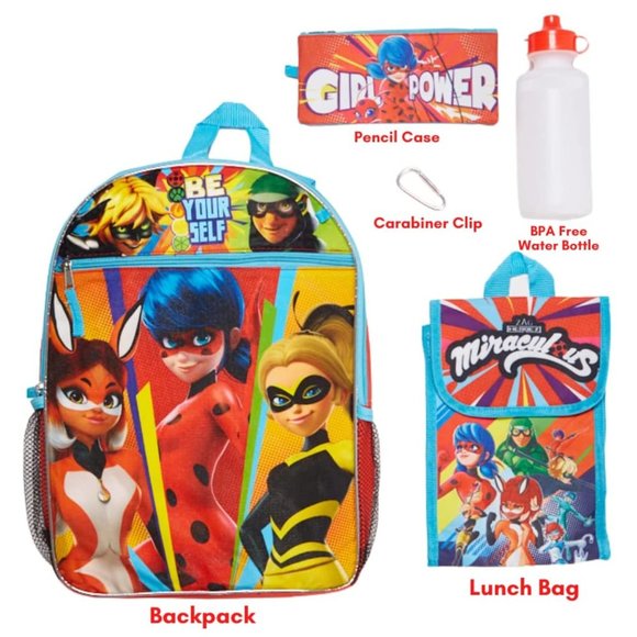 Miraculous Ladybug 5pc Backpack Set Lunch Box Girls School Bag Case Bottle 16" - Picture 3 of 9
